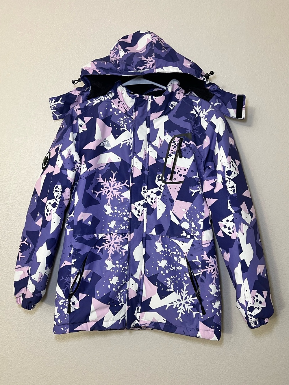 Moerdeng Ski Jacket Womens Purple Snowflake Print Waterproof Detachable Hood